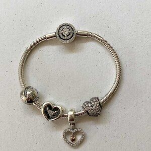Pandora Sterling Silver with Diamonds and 585 Gold Heart Charm Bracelet